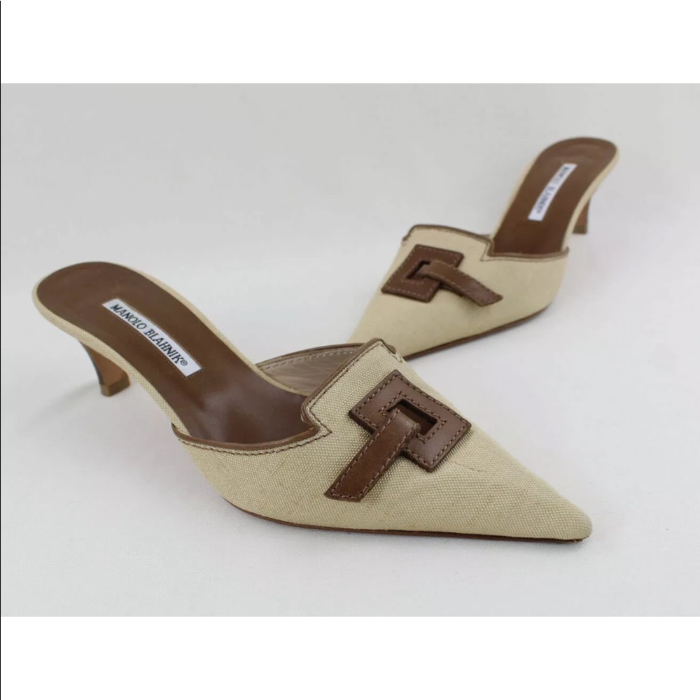 Manolo Blahnik Beige Canvas & Leather Mule Shoes